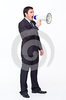 Businessman shouting through a megaphone