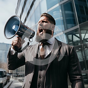 businessman shouting through a megaphone outside in front of office building