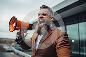 businessman shouting through a megaphone outside in front of office building