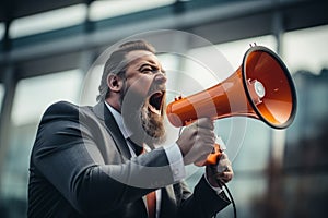 businessman shouting through a megaphone outside in front of office building