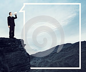 Businessman Shouting Mountain Tranquil Solitude Concept