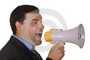 Businessman shouts in megaphone