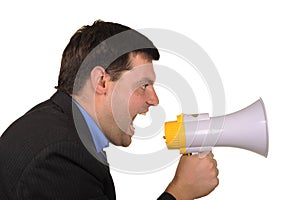 Businessman shouts in megaphone