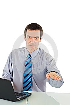 Businessman show calming down sign