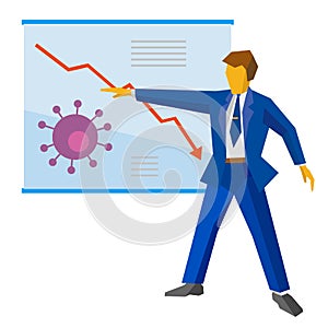 Businessman show descending curve and virus sign. Coronavirus concept -