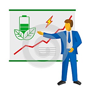 Businessman show poster about green power. Battery and rising grapth