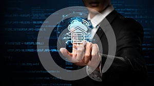Businessman Interacting with Digital Cloud Computing Interface Featuring Server and Online Technology Concept for Modern