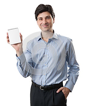 Businessman showing blank notepad