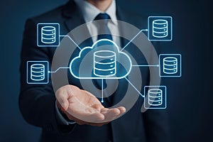 Businessman showing a digital cloud data storage network with multiple servers cloud computing technology