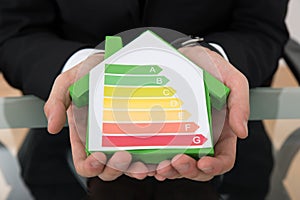 Businessman showing energy efficient chart on house model