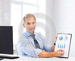 Businessman showing graphs and charts