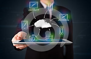 Businessman showing hand drawn cloud computing