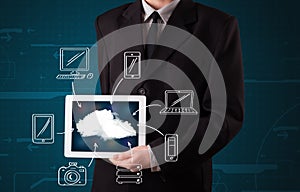 Businessman showing hand drawn cloud computing