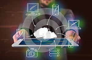 Businessman showing hand drawn cloud computing