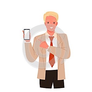 Businessman showing mobile phone with blank screen, happy man with tie holding device