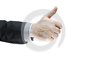 Businessman showing OK sign with his thumb up isolated with white background. Success business deal. Businessman in a suit shows