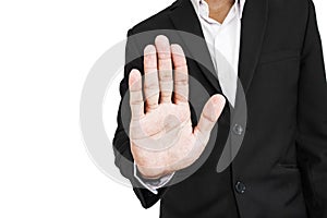 Businessman showing palm hand, concept of denial, selective focus, isolated on white background