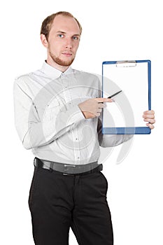 Businessman showing paper document isolated