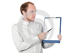 Businessman showing paper document isolated photo