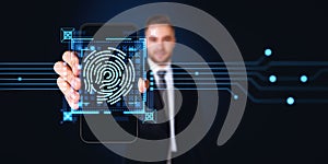 Businessman showing phone, biometric scanning and hologram with fingerprint