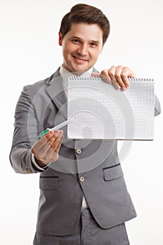 Businessman showing signboard with copyspase, on white.