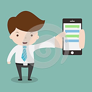 Businessman showing smartphone with chatbox.