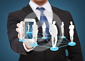 Businessman showing smartphone with social network