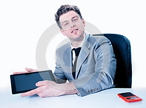 Businessman showing something in a digital tablet