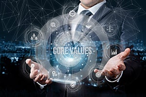 Businessman showing a structure of core values in business
