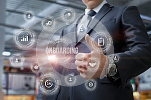 Businessman showing structure onboarding process business on blurred background