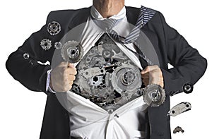 Businessman showing a superhero suit underneath machinery metal