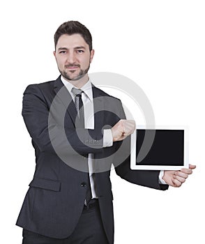 Businessman showing tablet