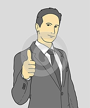 Businessman showing thumbs up with graybackground.