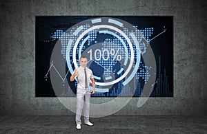 Businessman showing thumbs up and percentage charts and analytics data on screen