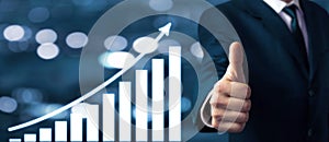 Businessman showing thumbs up sign. Growth graph. Success concept