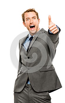 Businessman showing thumbs up sign white background