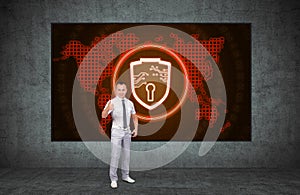 Businessman showing thumbs up sign. World map, shield and lock interface on digital screen
