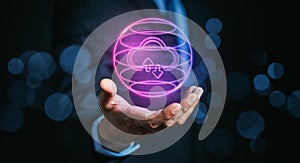 Businessman showing virtual glowing cloud computing to download and loading data information and upload on system network
