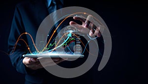 Businessman showing virtual graphs, investment, stock trading, business growth, marketing strategy concept
