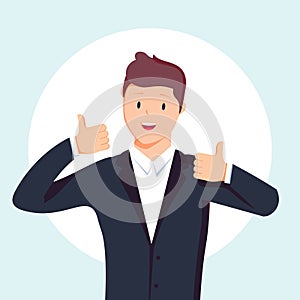 Businessman shows both hands a sign Thumb Up. Vector, flat, illustration