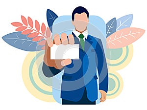 Businessman shows a business card, holds in his hand. Bring closer. In minimalist style Cartoon flat raster