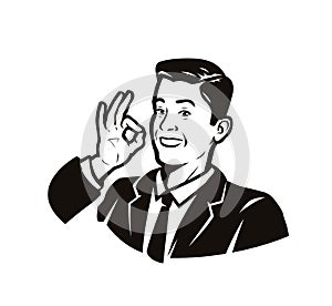 Businessman shows a hand gesture ok. Vector illustration