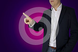 Businessman shows his finger, purple background, card template, project demonstration concept