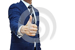 Businessman shows thumb up sign gesture. Nonverbal communication. Like, OK, perfect, good job, praise, satisfied, thumb up gesture