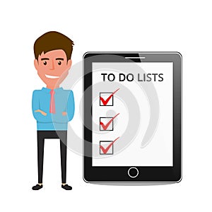 Businessman shows to do lists on tablet screen.