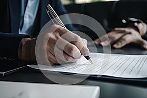 Businessman signing a contract. Close up of business man signing a contract. A real estate agent signing his documents closeup, AI