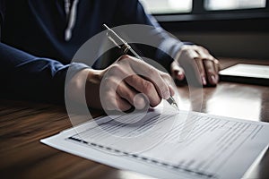 Businessman signing a contract. Close-up of male hands. A real estate agent signing his documents closeup, AI Generated