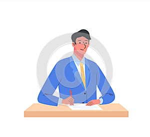 Businessman signing a contract sitting at a table. Business concept of successfully meeting, signed cooperation
