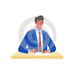 Businessman signing a contract sitting at a table. Business concept of successfully meeting, signed a project