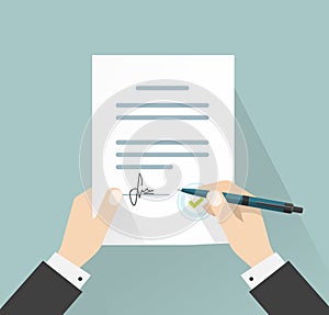 Businessman signing document vector, hands holding contract signed legal agreement